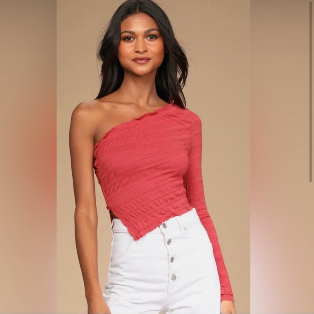 Free People Jasmine Washed Red One-Shoulder Long Sleeve Crop Top